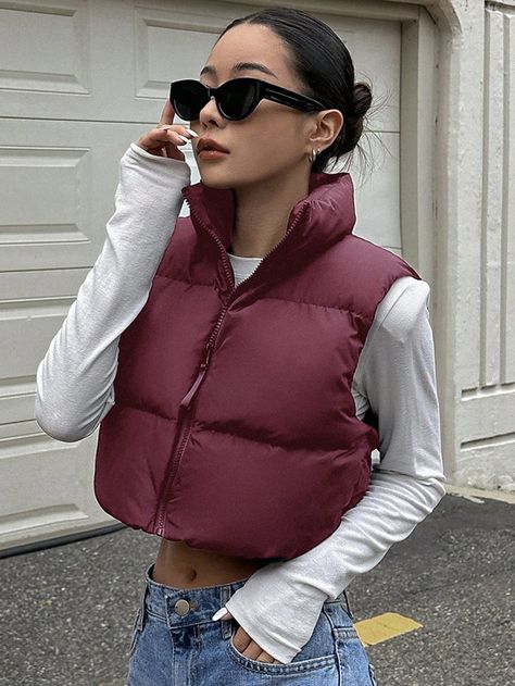 Burgundy Casual Collar Sleeveless Woven Fabric Plain vest,Puffer Embellished Non-Stretch  Women Clothing Burgundy Puffer Vest Outfit, Gilet Outfit, Puffer Vest Outfit, Vest Puffer, Plain Vest, Vest Style, Short Vest, Padded Coat, Sleeveless Jacket