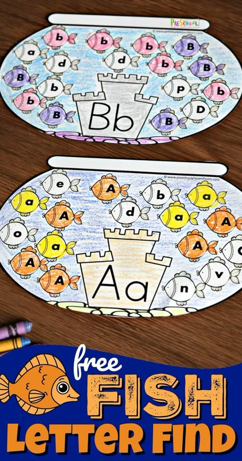 FREE Fish Letter Find - super cute, free printable , interactive alphabet worksheet for preschool and kindergarten age kids to help them work on letter recognition by identifying upper and lowercase letter fishes #preschool #alphabet #kindergarten Kindergarten Letters, Letter Find, Abc Activities, Free Printable Letters, Alphabet A, Alphabet Crafts, Letter Activities, Two Fish, Alphabet Coloring Pages