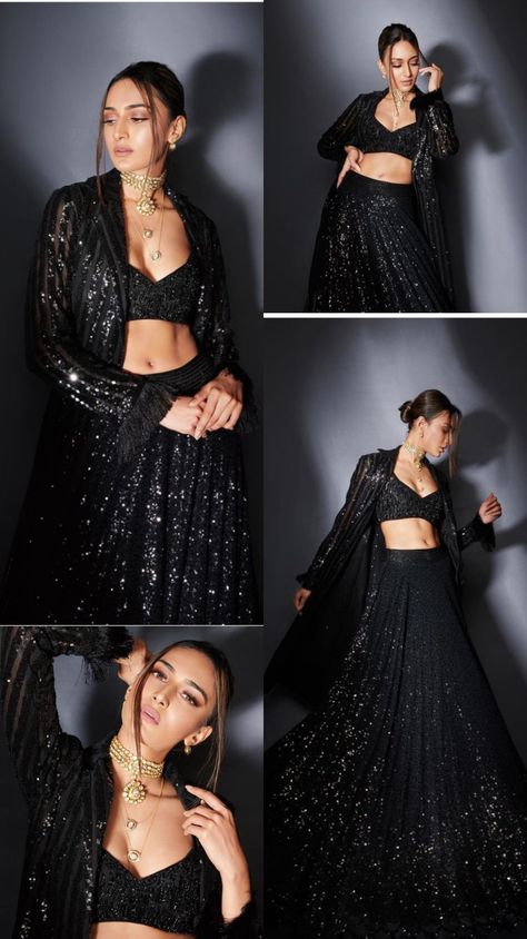 Evening Indian Wedding Outfit, Indowestern Reception Outfit, Cocktail Function Outfit, Sangeet Outfit Bridal Black, Black Outfits For Sangeet, Black Indo Western Outfits, Black Wedding Dress Indian, Black Sangeet Outfit For Women, Indian Wedding Outfits Black