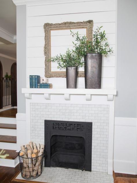 Fixer Upper: Texas-Sized House; Small Town Charm | HGTV's Fixer Upper With Chip and Joanna Gaines | HGTV Fixer Upper Fireplace, Small Fireplace, White Fireplace, Fireplace Mantel Decor, Farmhouse Fireplace, Rustic Fireplaces, Magnolia Market, Chip And Joanna Gaines, Corner Fireplace