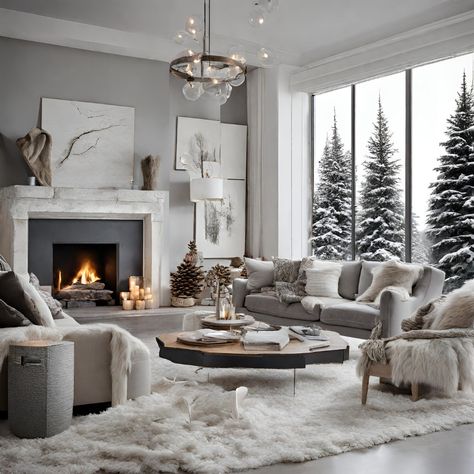 Christmas Decor Ideas For Living Room Winter Wonderland, Winter Wonderland Living Room Decor, Bloxburg Winter Living Room, Fur Living Room Decor, Winter Decor Ideas For The Home Living Rooms, White Rooms Ideas, Winter Living Room Decor Cozy, Winter Home Interior, Faux Fur Rug Bedroom