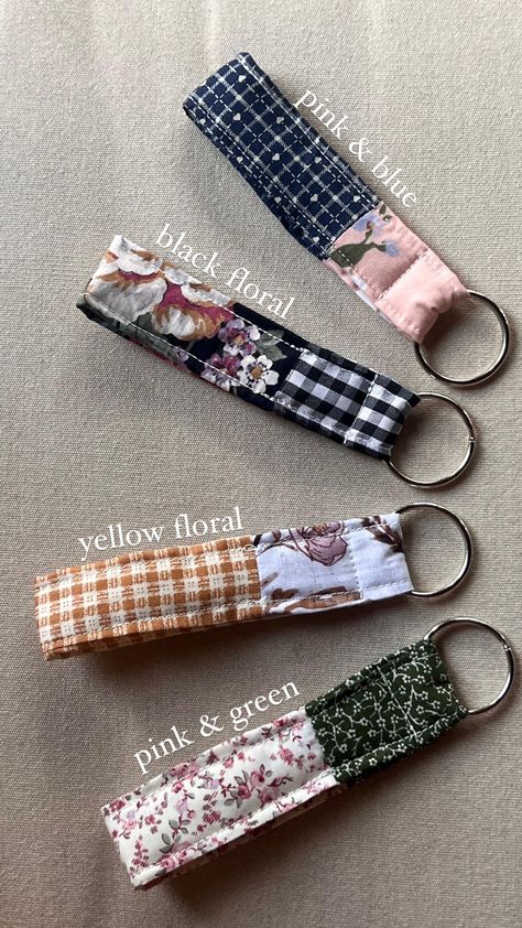 Never forget your keys with this stylish vintage & handmade keychain. Easy to hold and makes your keys extra cute! Will make custom combo, just send a DM! Easy Sewing Keychains, Homemade Key Chains, Things To Make With Scrap Fabric, Sewn Lanyard, Fabric Keychain Diy, Patchwork Keychain, Keychain Sewing Pattern, Quilted Keychain, Sew Keychain