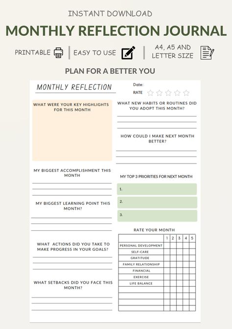 Monthly Reflections Review , Monthly Reflection Journal, Monthly Reflection, Monthly Review, A5,A4 & Letter size PDF Instant Download  This Monthly reflection Review is a straightforward tool to organize your thoughts and ideas. All that is required is to download and print or open as PDF. Let the reflection begin! Product info: * This reflection review had 3 sizes available: A4, A5 and Letter size. * Printable  * Open as PDF SECTIONS OF THE REFLECTIVE REVIEW: * Key Highlights * Biggest accompli Month Review Journal, Monthly Reflection Template, Monthly Planning Ideas, Monthly Review Template, Monthly Reflection Journal Prompt, Monthly Reflection Bullet Journal, Month Reflection Journal, Reflection Journal Ideas, End Of The Month Reflection