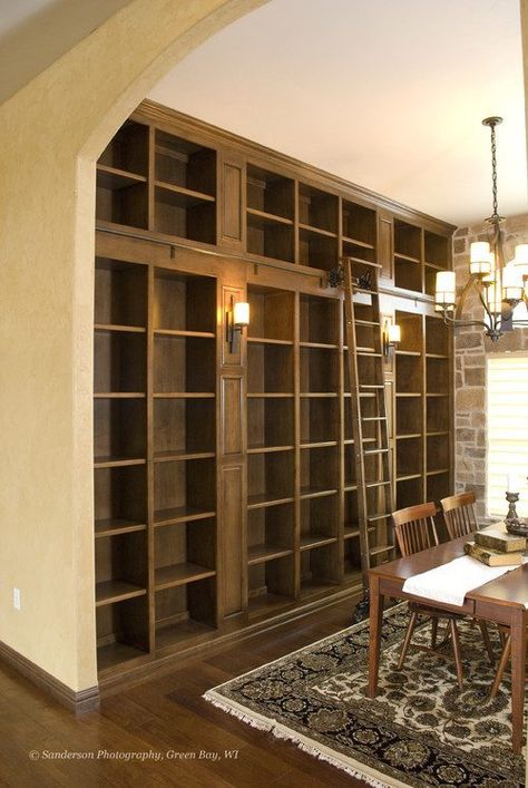 Mediterranean Dining, Mediterranean Dining Room, Home Library Rooms, Library Inspiration, Library Room, Wood Ladder, Dining Design, Home Library Design, Home Libraries