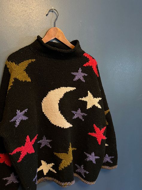 Teacher Swag, 90s Sweater, Vintage Knitwear, Japan Trip, Star Sweater, Moon And Stars, Cute Sweaters, Knit Pullover, Knitted Pullover Sweaters