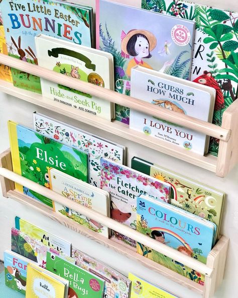 Louise Richards on Instagram: “I love a good faff with Esme’s bookshelves, and what better time… the Spring books are out! 🌼 What are your littles one favourite books at…” Book Ledge, Kids Book Storage, Nursery Bookshelf, Metal Bookshelf, Floating Bookshelves, Bar Basement, Wall Bookshelves, Book Wall, Bookshelves Kids