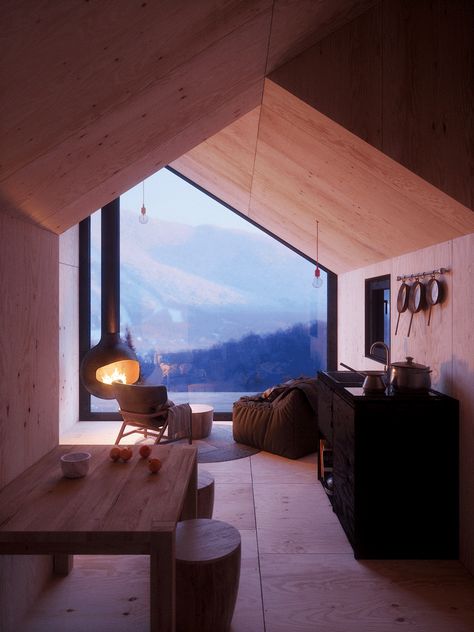 Mountain Refuge is a concept for a tiny cabin that could be built anywhere Plywood Architecture, Quebec Forest, Mountain Refuge, Prefabricated Cabins, Micro Homes, Modular Cabins, Remote Locations, Off Grid Cabin, Pale Wood