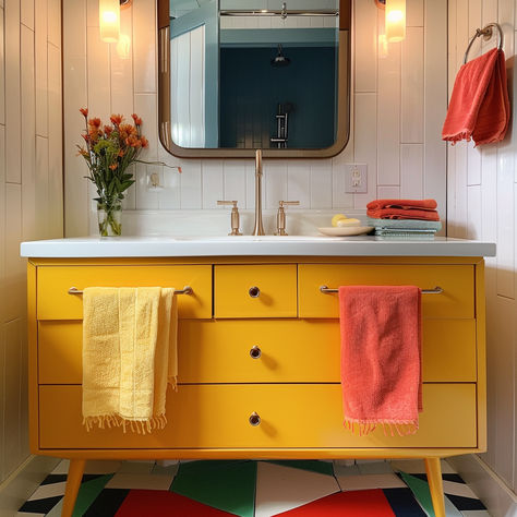 A playful mid-century modern bathroom with a brightly colored vanity or set of vibrant towels, adding a pop of personality and visual interest to the space4 Small Colorful Bathroom, Colored Vanity, Eclectic Bathroom Design, Deco Room, Bathroom Sanctuary, Mid Century Modern Bathroom, Mid Century Minimalist, Mid Century Bathroom, Eclectic Bathroom