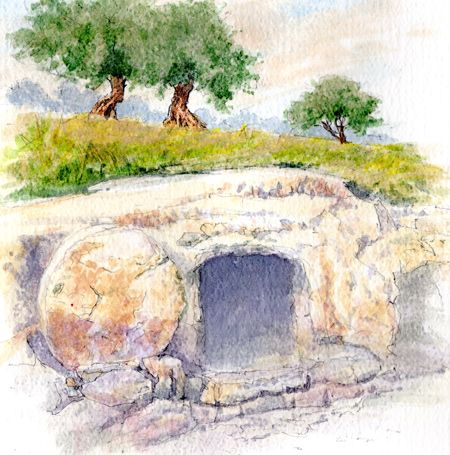 0402-tomb-main Tomb Of Jesus, Empty Tomb Drawing, Resurrection Art, Jesus Tomb Pictures, Christ Resurrection Art, Jesus Coming Out Of The Tomb, Easter Watercolor Paintings Christian, Jesus Watercolor Painting, Jesus Empty Tomb Pictures