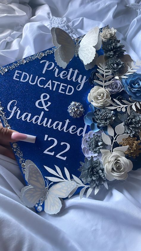 #graduation #cricket #butterfly #graduationcapdesigns Graduation Cap Designs Grad School, Grad Cap With Butterflies, Graduation Cap Designs Royal Blue, Graduation Cap With Butterflies, Blue Cap Designs For Graduation, Graudtion Caps Ideas 2023, Blue Cap Ideas For Graduation, Light Blue Graduation Cap Ideas, Grad Cap Inspo High School