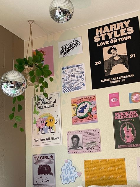 Mini Disco Ball Room Decor, How To Style A Disco Ball, Disco Theme Room Decor, Disco Ball Hallway, Disco Aesthetic Room Decor, Disco Cowboy Room, Harry Styles Poster Aesthetic Room, Harry Styles Gallery Wall, Bedroom With Disco Ball