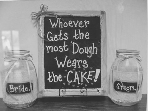 Cute way to get guests involved into whom gets cake in the face as well as a little honeymoon spending money Cake In The Face Wedding Sign, Cake In The Face Wedding Game, Money Shower Ideas, Stag And Doe Decorations Ideas, Cake In The Face Wedding, Honeymoon Fund Box Ideas, Jack And Jill Games To Raise Money, Honeymoon Fund Shower, Stag And Doe Games