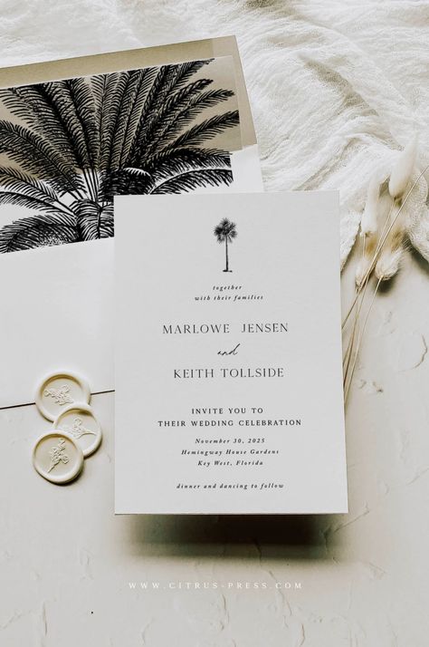 Modern Palm Tree Tropical Wedding Invitation | PDF DIY Template – Citrus Press Modern Tropical Wedding Invitations, Black And White Tropical Wedding, Cabo Wedding Invitations, Minimal Wedding Invitations, Tropical Wedding Invite, Destination Wedding Invites, Beach Wedding Invitations Ideas, Minimal Tropical Wedding, Mexico Wedding Invitations