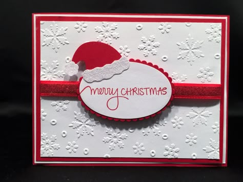 "This simple Christmas card is the perfect way to share your holiday spirit! The card measure 5-1/2\" x 4-1/4\" and opens from the side. The paper used is a quality cardstock. The Santa Hat has glitter paper for the white rim and pom pom. You will receive 8 completed cards and 8 envelopes. The inside of the card comes with a saying just let me know if you would like it left blank. My personal information is not on the cards, however there will be a small Stampin' Up copyright image stamped on th Christmas Card 3d, 3d Christmas Card, 3d Christmas Cards, Ribbon Scarf, Unique Christmas Cards, Simple Christmas Cards, Snowman Cards, Homemade Christmas Cards, Stampin Up Christmas Cards