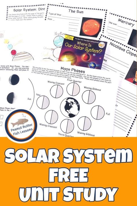 Learn all about the Solar System in this week's FREE Unit Study! Learn all about planets, moon phases, space exploration and more!  Practice researching, following directions, and creative writing!  And make your own solar system model! #peanutbutterfishlessons #solarsystem #freeprintable #unitstudy #homeschool Solar System Homeschool Unit, Homeschool Solar System Unit Studies, Homeschool Space Unit, Solar System Homeschool, Space Unit First Grade, Space Unit Study Homeschool, Free Unit Studies, Space Homeschool, Solar System Unit Study