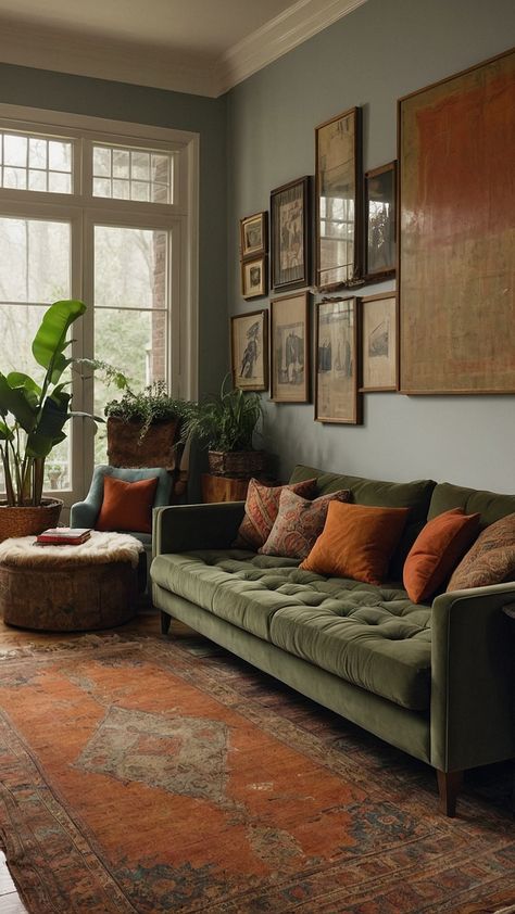 Vintage Living Room Inspo: A Nostalgic Look Coloured Couch Living Room, Brown Sofa Styling, Small Colourful Living Room, Cozy Sofa Living Room, Green Couch Living Room, Living Room Stairs, Living Room Colour Schemes, Couch Black, House Magic