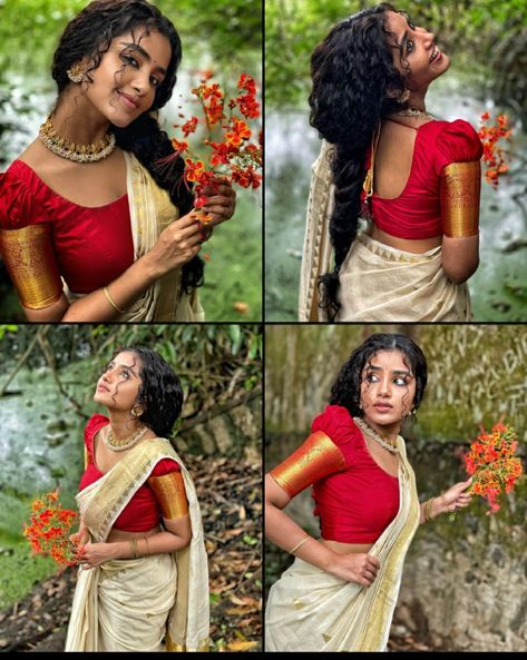 Poses For South Indian Look, Onam Photo Shoot Ideas, Saree With Kamar Band, Onam Photo Ideas, Traditional Shoot Ideas, Onam Shoot Ideas, Onam Poses In Saree, Onam Pictures Aesthetic, Bengali Girl Aesthetic