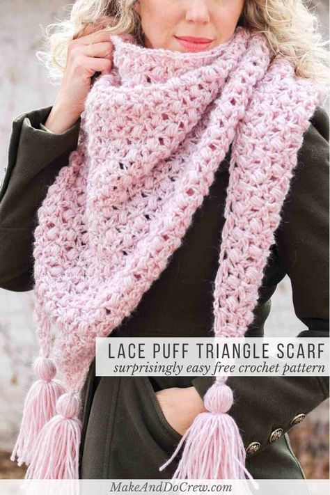 Easy Puff & Lace Crochet Triangle Scarf (or Shawl!) - free pattern #makeanddocrew #freecrochetpattern #crochetscarfpattern Crochet Blanket Scarf, Triangle Scarf Crochet Pattern, Crochet Triangle Scarf, Summer Shawl, Crochet Shawl Pattern Free, Crochet Triangle, Prayer Shawl, Crochet Shawls And Wraps, Crochet Shawls