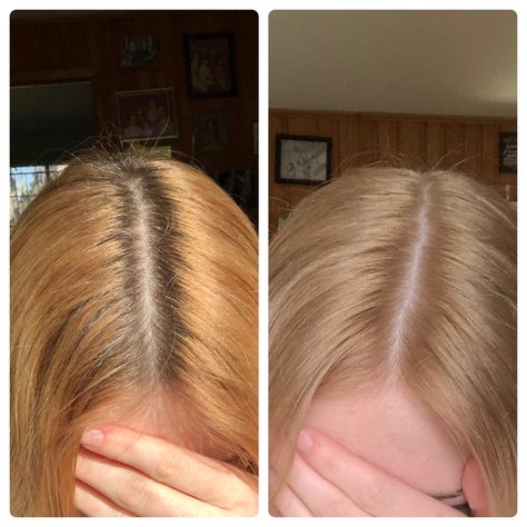 Lightened my roots without bleach. I used ion color brilliance high lift in the “cool blonde” shade mixed with 30 volume. I did a 1:2 ratio. (Double the volume) Afterwards I toned my hair with a Wella T18 and 30 volume. I again used the 1:2 ratio. High Lift Tint Blonde, High Lift Blonde Before And After, Lighten Hair Without Bleach, Blonde Without Bleach, V Shaped Layers, Wella T18, Solid Blonde, Hairstyle At Home, Lighten Hair