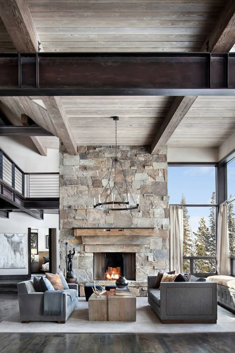 Rustic Style Modern Living Room With Natural Stone Walls Stunning Living Rooms, Mountain Interior Design, Living Room Elegant, Country Style Bathrooms, Mountain Home Interiors, Rugged Mountains, Mountain Modern Home, Mountain Interiors, Modern Rustic Living Room