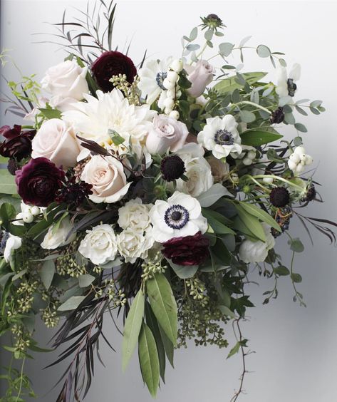 The most perfect anemones for Liz's bouquet! . . . . . . . . #twistedwillow #florist #flowers #weddingflowers #wedding #bride #bridesmaids #creative #floraldesign #theknot #centerpiece #bridalbouquet  #bouquet  #weddinginspiration #bridetobe #wedluxe #twistedwillowflowers #wcvendor #bespoke #wildflowers #anemone #boho #bohobride #greens #greenery #ranunculus #wildflower #wildflowerseason Anemone Hydrangea Bouquet, Anemone Bouquet Fall, Anemone Wedding Bouquet, Moody Bridal Bouquet, Anemone Centerpiece, Delphinium Bouquet, Ranunculus Centerpiece, Anemone Bouquet, Monochrome Weddings