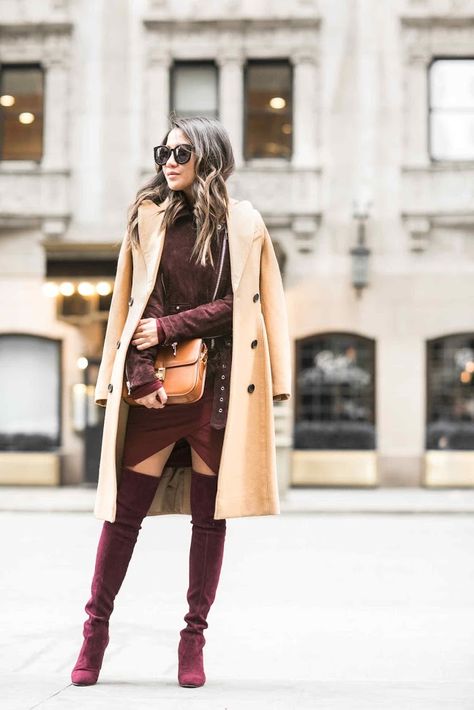 NYC Color Story :: Beige Coat & Complete burgundy Burgundy Knee High Boots, Otk Boots Outfit, Petite Bloggers, Outfits 2014, Wendy's Lookbook, Mantel Beige, Burgundy Outfit, Otk Boots, Beige Coat