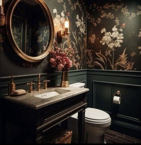 Dark And Moody Half Bath, Dark Toilet Room, Funky Powder Room, Stunning Bathroom Ideas, Modern Gothic Home, Small Dark Bathroom, Girly Bathroom Ideas, Dark Floral Wallpaper, Minimalist Bathroom Decor