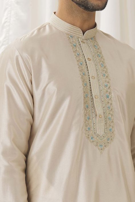 Beige straight kurta with embroidered placket. Paired with an off white pant. - Aza Fashions Beige Kurta, Off White Pants, White Pant, Types Of Work, Straight Kurta, Kurta With Pants, Pants Pattern, White Pants, Embroidered Silk