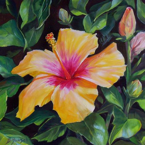 Donna Munsch Fine Art: Original Oil Painting Hibiscus Sunset Hibiscus Flower Drawing, Soft Pastel Art, Hawaii Art, Colored Pencil Artwork, Pastel Artwork, Oil Pastel Art, Dot Art Painting, Oil Painting Flowers, Surf Art