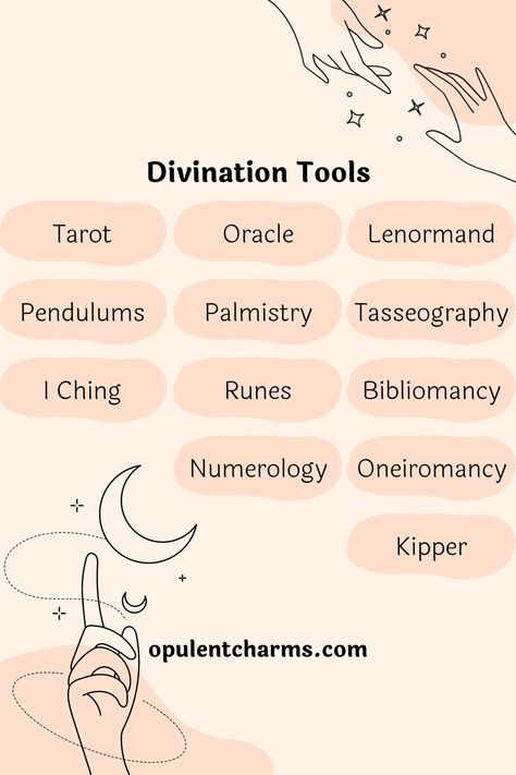 Graphic showcasing a list of divination tools with illustrations of hands, stars, and moons. Tools For Witchcraft, Diy Divination Tools, What Is Divination, Psychic Outfit, Hellenic Witchcraft, Charm Divination, Divination Tools Witches, Witchcraft Divination, Divination Spells