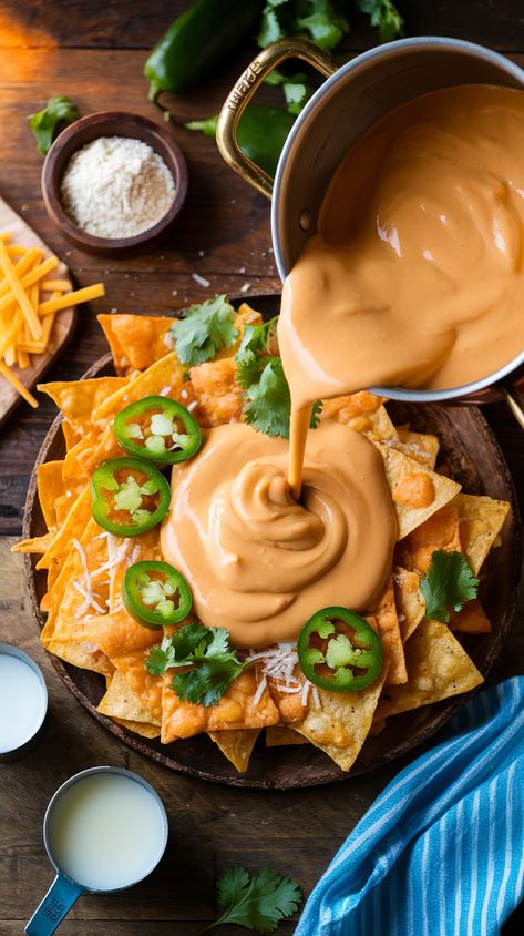 Pouring nacho cheese sauce onto tortilla chips with jalapeno and cilantro garnishes, surrounded by sauce ingredients on a rustic table with natural lighting Creamy Nacho Cheese Sauce, Nacho Cheese Sauce With Meat, Recipes Using Canned Nacho Cheese Sauce, Bisquick Banana Muffins, Nacho Dip Recipe, Nachos Dip Recipe, Nacho Cheese Dip, Nachos Cheese Recipe, Fries Cheese