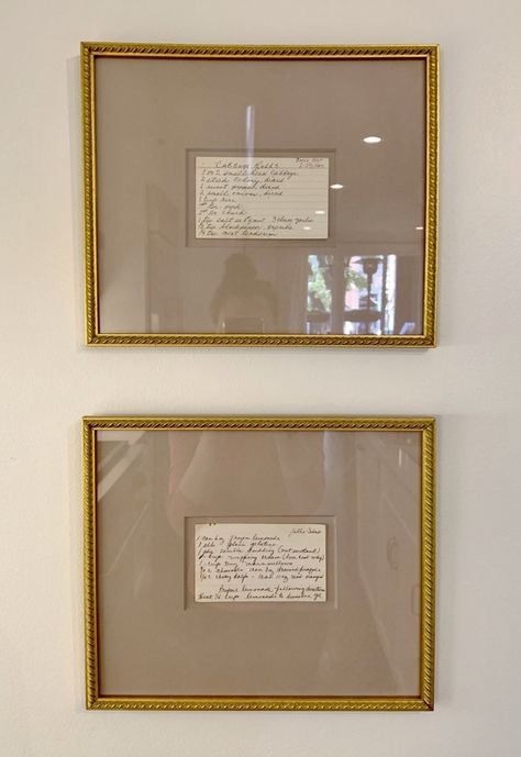 Family Recipe Wall Art, Wall Portraits Ideas, Framed Wedding Vows Wall Art, Recipe Card Framed, Gallery Wall With Floating Shelf, Photo Wall Lounge, Small Home Details, Framed Family Recipes, Unique Home Details