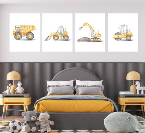 Construction truck room decor, wall art, dump truck, excavator, bulldozer, 8x10, set of 4 digital prints, customizable, frame not included Construction Nursery Theme, Boys Bedroom Construction, Construction Theme Rooms, Digger Bedroom, Boys Construction Room, Truck Room Decor, Truck Bedroom, Construction Bedroom, Truck Room