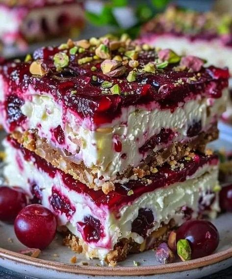 Bobby Flay😇😋 | Heavenly Cherry Pistachio Cheesecake Bars | Facebook Cherry Pistachio Cheesecake Bars, Pistachio Cheesecake Recipe, Pistachio Recipes Desserts, Cherry Pistachio, Sweets For Diabetics, Pistachio Cheesecake, Pistachio Dessert, Cranberry Pistachio, Cheesecake Bar Recipes