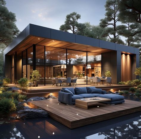 lake house Modern Contemporary Exterior Forest Houses Modern, Forest Modern House Exterior, Mountain Modern House Exterior, Bunkee House, Modern Contemporary Homes Exterior, Forest House Exterior, Modern Mountain House Exterior, Modern House In The Forest, Modern Lake House Exterior