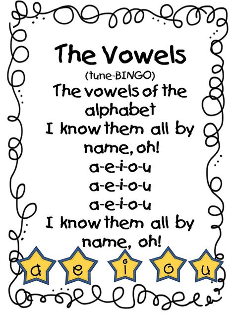 Vowel Poems...I might be able to this is in one of my lessons plan for my elementary music class Vowel Song, Ingles Kids, Vowel Activities, Kindergarten Songs, Classroom Songs, School Songs, Kindergarten Ela, Preschool Songs, First Grade Reading