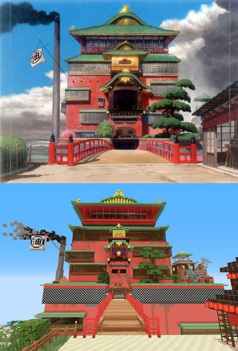 Spirited Away recreated in Minecraft All Minecraft, Minecraft Plans, Minecraft Inspo, Minecraft Pe, How To Play Minecraft, Minecraft Architecture, Cool Minecraft, Minecraft Buildings, Minecraft Building