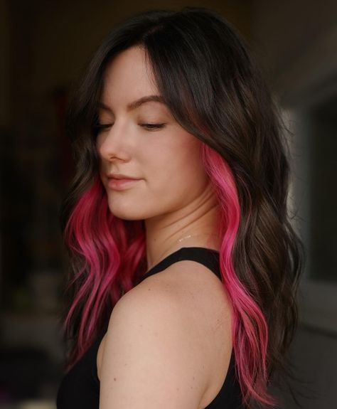 Pink Underlayer for Brunette Hair Hidden Balayage, Vivid Peekaboo Highlights, Peak Boo Hair Color, Simple Hair Dye Ideas Brunettes, Dark Hair With Peekaboo Color, Brunette Hair With Color Highlights, Magenta Peekaboo Hair, Streaks Of Color In Hair, Peekaboo Blonde Hair