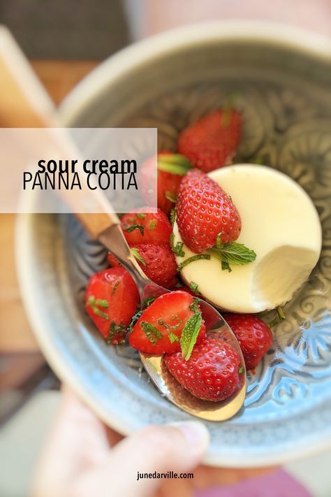 Homemade sour cream panna cotta with strawberry salsa, a great summer treat! Best Panna Cotta Recipe, Easy Panna Cotta Recipe, Lemon Panna Cotta, Strawberry Panna Cotta, Valentines Food Dinner, Processor Recipes, Homemade Sour Cream, Strawberry Salsa, Panna Cotta Recipe