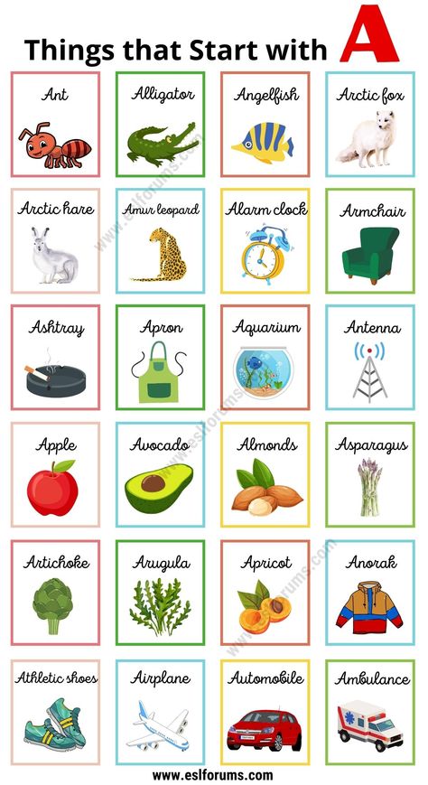 224 Cool Things that Start with A for Kids Words That Start With A Preschool, Animals That Start With A, Things Start With Letter A, Things That Start With The Letter A, Words That Start With A, Things That Start With A, Letter A Flashcards, Summer Alphabet, Preschool Letter Crafts