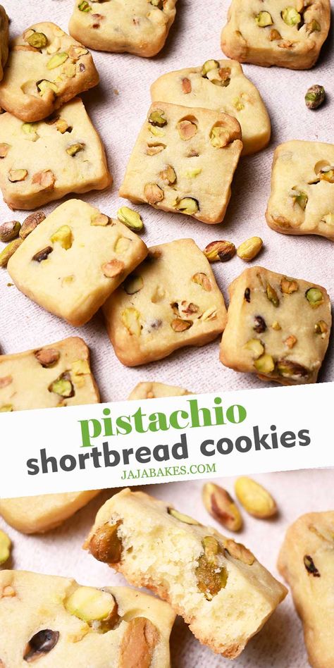 These Pistachio Shortbread Cookies are made with 5 ingredients only! They are buttery, tender, snappy, and loaded with pistachios. Pistachio Wreath Cookies, Pistachio Cream Bars, Pistachio Bars, Pistachio Shortbread Cookies, Pistachio Shortbread, Hungarian Desserts, Pistachio Recipes, Butter Biscuits, Cookie Crisp