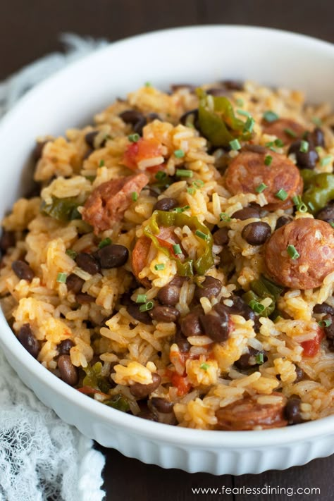 If you are looking for an easy gluten free dinner with just a few simple ingredients, you will love this easy cajun rice with sausage and beans. It cooks up in under 30 minutes. This easy homemade dinner is healthy and delicious. Rice And Beans With Sausage, Cajun Rice And Beans, Cheap Gluten Free Meals, Beans With Sausage, Sausage And Beans, Rice With Sausage, Rice With Beans, Vegan Cajun, Cajun Rice