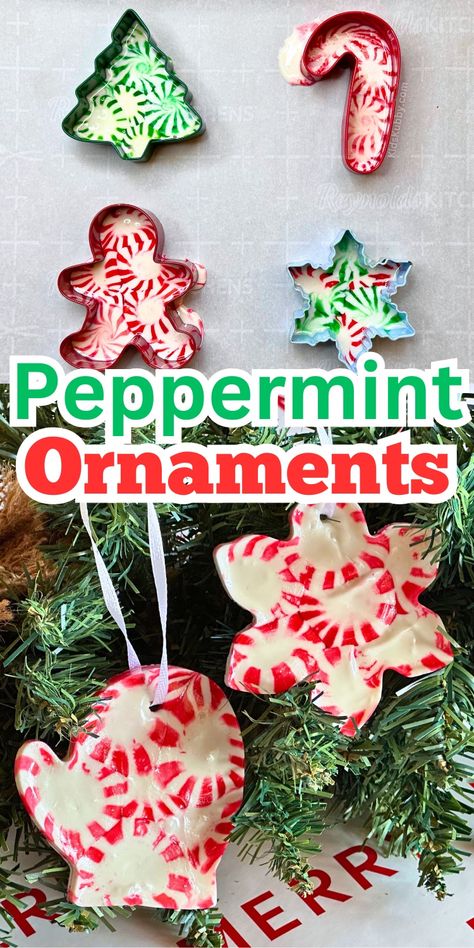 Melted Peppermint Candy Ornaments Homemade Candy Christmas Ornaments, Diy Peppermint Candy Ornaments, Peppermint Ornaments For Kids, Melted Candy Ornaments, Candy Cane Diy Ornaments, Melted Peppermint Ornaments, Easy Homemade Ornaments Christmas, Peppermint Crafts For Kids, Diy Peppermint Christmas Decorations