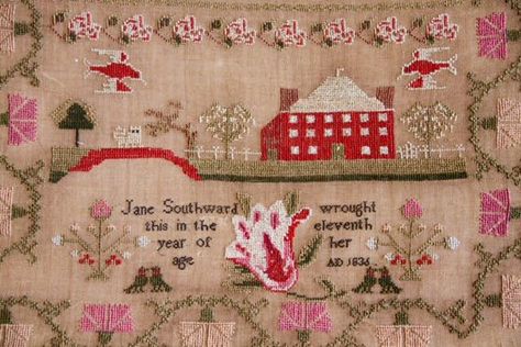 A reproduction sampler design by GiGi Ries "Jane Southward 1834." March 3rd, March 3, Nashville, Needlework, Cross Stitch, Etsy Seller, Small Business, Unique Items Products, Design