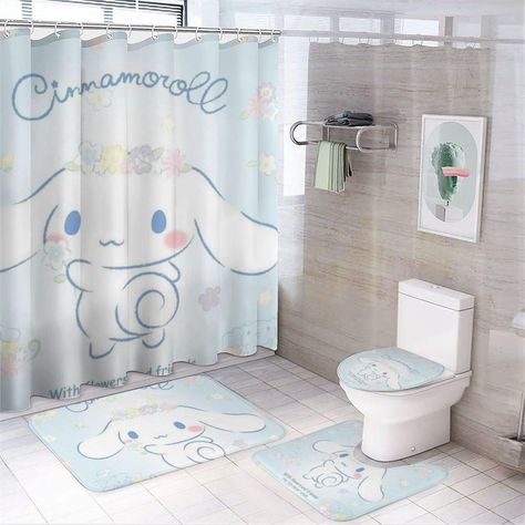 Cute Cinnamoroll, Blue Bathroom Decor, Toilet Lid Cover, Shower Curtain Set, Blue Bathroom, Bath Mat, Bathroom Decor, Shower Curtain, Bath