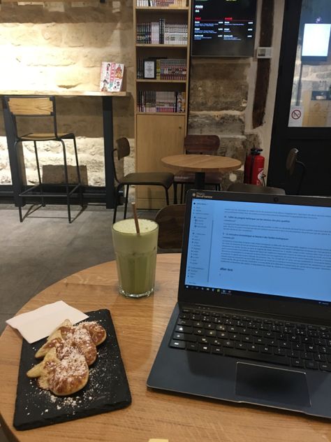 inspiration, motivation, computer, food, matcha latte, japanese, cafe, coffee shop, studying, study, manga, library books Coffee Shop Homework Aesthetic, Coffee Shop Studying Aesthetic, Cafe Study Aesthetic, Coffee Shop Studying, Cafes Aesthetic, Coffee Shop Study, Library Coffee Shop, Manga Library, Cafe Story