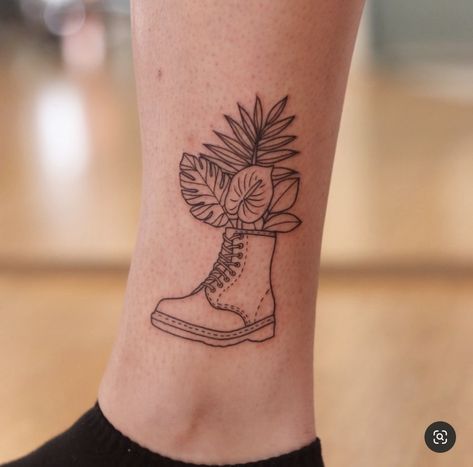 Hiking Boot Tattoo, Boots With Flowers Tattoo, Boot With Flowers, Hiking Tattoo, Plant Tattoo, Flowers Tattoo, Hiking Boot, Dreamcatcher Tattoo, Flower Tattoos