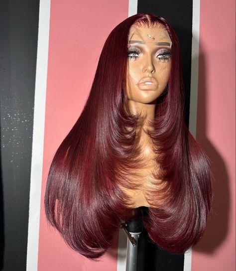 Dearra Burgundy Hair, Red Layered Wig, Layer Wig Black Women, Dark Red Layered Hair, Lace Front Wig Layers, Burgundy Middle Part, Red Layered Hair, Red Wigs For Black Women, Atl Outfits