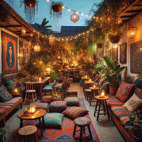 An intimate Bohemian Dinning experience Bohemian Style Restaurant, Whimsical Dining Room, Wellness Cafe, Bohemian Cafe, Bohemian Bar, Stretch Tent, Boho Bar, Meditation Room Decor, Cozy Coffee Shop