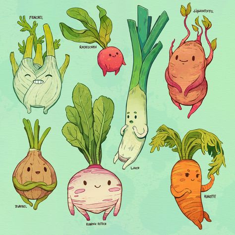 Happy vegetables, Johanna Puhl on ArtStation at https://www.artstation.com/artwork/xznJlr Vegetable Drawing, Vegetable Illustration, Arte Inspo, Arte Sketchbook, Arte Animal, 영감을 주는 캐릭터, Illustration Character Design, Creature Design, Cute Doodles